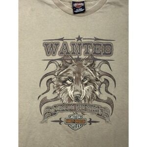 Harley Davidson Shirt Mens XL Tan Wanted Call of the Wild Wolf Stillwater OK Tee